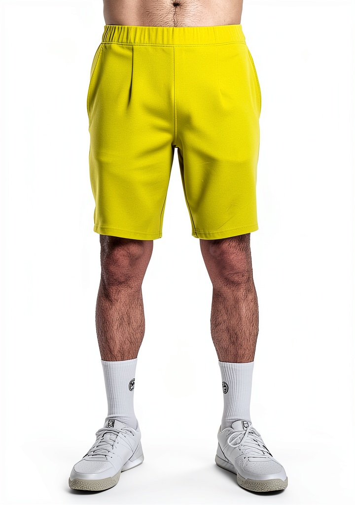 BIDI BADU Herren Shorts in Neongelb auf einem Tennisplatz